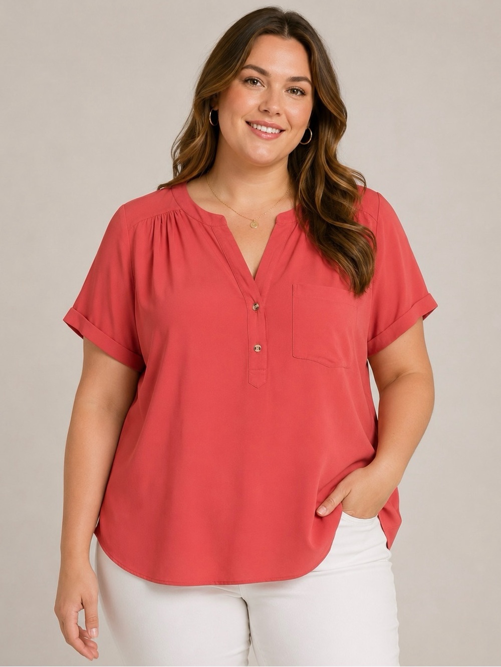 NWT Rose + Olive Dusty Coral Split Neck Henley Blouse